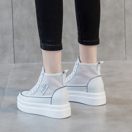 2025 Spring New Women's Mesh High-Top White Shoes with Hidden Heel, Korean Style Casual Platform Shoes