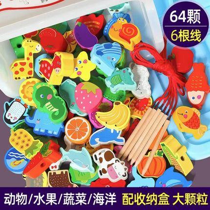 Cross-border Wooden Beads 100 Infant Wooden Rope-wearing Educational Mentation Training Building Blocks Toys for 1-6 Years Old Boys and Girls
