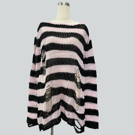 Niche dark classic mohair new thin striped ripped loose long European and American Foreign trade sweater
