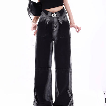 Black and Gray Gradient Cuffed Jeans for Women, Autumn 2025 New Slimming Drape Straight-Leg Floor-Length Pants