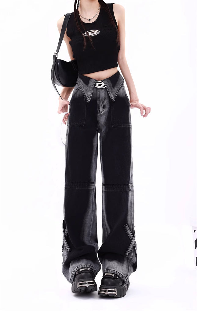 Black and Gray Gradient Cuffed Jeans for Women, Autumn 2025 New Slimming Drape Straight-Leg Floor-Length Pants