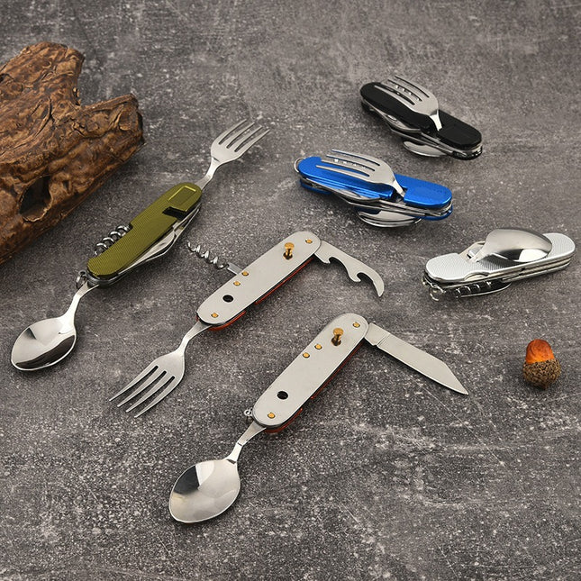 Stainless Steel 6-in-1 Multifunctional Cutlery Foldable Knife, Fork, Spoon Outdoor Picnic Set Portable Outdoor Tool