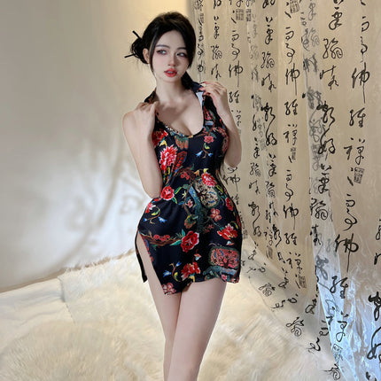 Water Drop Chest Nightgown Women's Sexy Guofeng Split Cheongsam Uniform Pure Desire Temptation Bed Hollow Sling Pajamas 2492