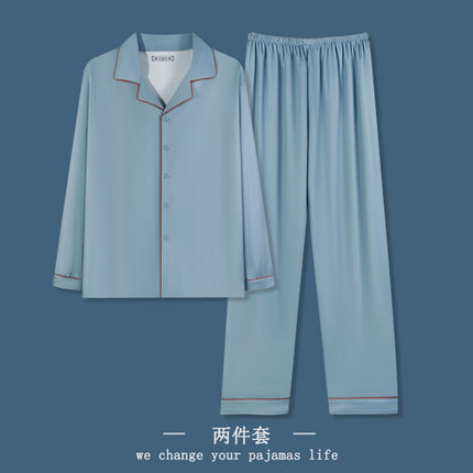 High-End Men's Pajamas Spring and Autum New Pure Color Long-Sleeved Pants Scandinavian Style Imitation Cotton Home Wear Set