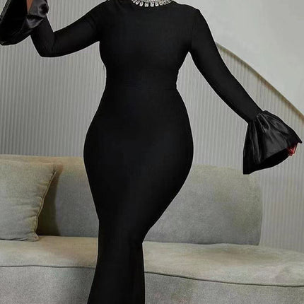 European and American Bandage dress Cross-border New Round Neck Nail Drill Horn Sleeve Temperament Waist Long Sleeve Women's Split Long Dress