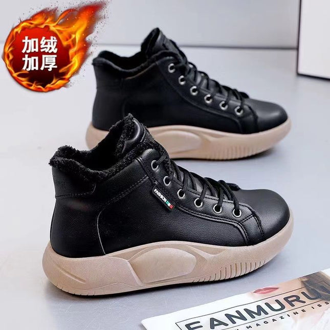 2023 autumn and winter new high-top cotton-padded shoes leather surface fleece-lined thick waterproof platform height increasing sports clunky shoes student shoes