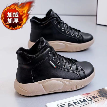 2023 autumn and winter new high-top cotton-padded shoes leather surface fleece-lined thick waterproof platform height increasing sports clunky shoes student shoes