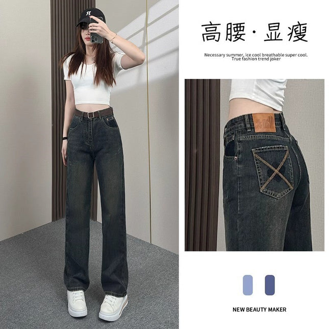 Cement Grey Wide Leg Jeans Women's Fashion All-match New High Waist Slimming Loose Casual Straight Floor Long Pants