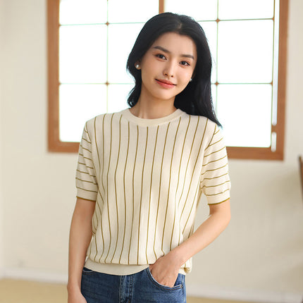 Summer new ladies round neck cotton knitted short sleeve vertical stripe T-shirt thin pullover jacket wholesale