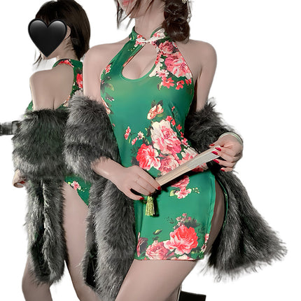 Sexy Lingerie Sexy plus size Classical Printed Cheongsam Hollow Small Chest Large Sexy Pajamas Bed Uniform