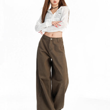 Khaki Wide-Leg Cargo Jeans for Women, Autumn 2025 New American Design, Loose Straight-Leg Floor-Length Pants