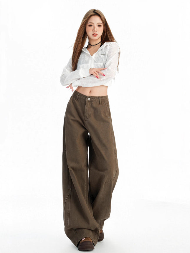 Khaki Wide-Leg Cargo Jeans for Women, Autumn 2025 New American Design, Loose Straight-Leg Floor-Length Pants