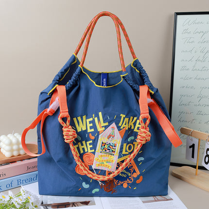 Cross-Border New Embroidered Shoulder Bag Large Capacity Bag Women's Environmentally Friendly Shopping Bag Embroidered Crossbody Bag Nylon Tote Bag