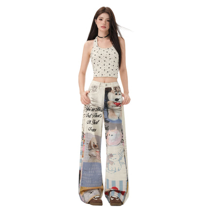 Raccoon House # American Retro Niche Fun Print Series Module Image Design Loose Wide-Leg Jeans Trendy