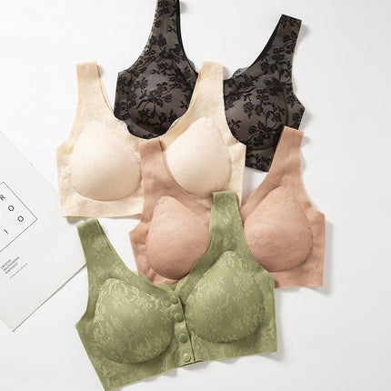 Mom's Underwear Front Opening and Buckle-free Bra Non-steel Ring Gathering Middle-aged and Elderly Women's plus size Lace Bra Thin