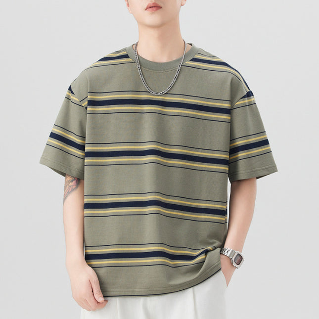 Danbaoni | Japanese-Style Heavyweight Color-Block Striped Crew Neck T-Shirt for Men, New Summer Vintage Loose Fit Drop Shoulder Short Sleeve