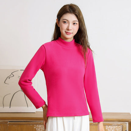 New Women's Base Layer Top for Autumn and Winter, Red Long-Sleeve Brushed Fleece Thickened Thermal Underwear Versatile High-Neck Top