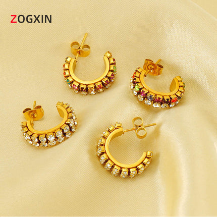 Cross-border new stainless steel C- shaped diamond earrings women's European and American Joker titanium steel 18K texture earrings in stock wholesale