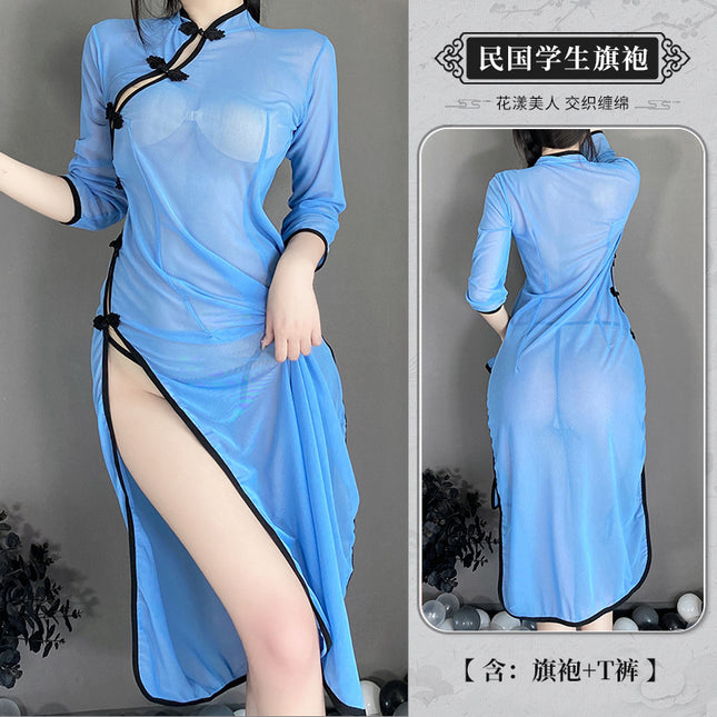 Sexy Perspective Side Fork Long Dress Uniform Republic of China Style Sexy Cheongsam Nightdress Sexy Underwear 2100