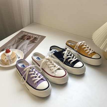 Thick-Soled Canvas Shoes, Half-Flop Women's Shoes, White Shoes for Women, 2025 Spring New Style, Heelless Slip-On Half-Stepping Lazy Shoes for Women