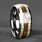 Steel-colored three-slot ring with white wood on both sides and a wood-grain stainless steel center / No. 7