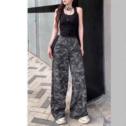 Tall Gray Camouflage Wide-Leg Jeans for Women, Autumn 2025 New Style, Extended Slimming Loose Drape Floor-Length Pants