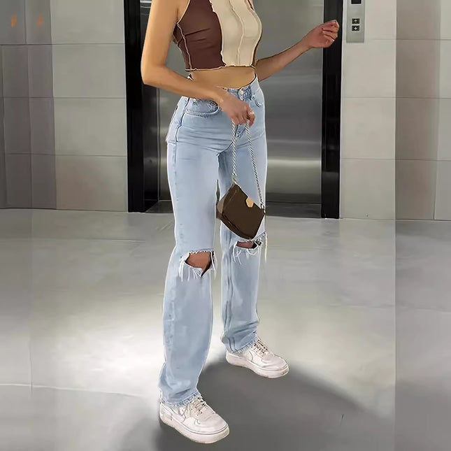 Amazon Summer New European and American Cross-border E-commerce Women's Ripped Jeans Women's High Waist Straight Casual Pants light blue