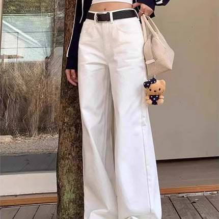 White High-Waisted Straight Jeans for Women in Spring & Fall, Plus Size, Loose, Slimming Look, Pear-Shaped Figure, Floor-Length Pants