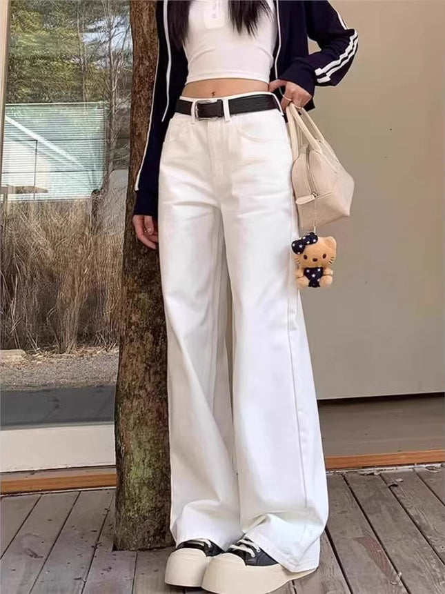 White High-Waisted Straight Jeans for Women in Spring & Fall, Plus Size, Loose, Slimming Look, Pear-Shaped Figure, Floor-Length Pants