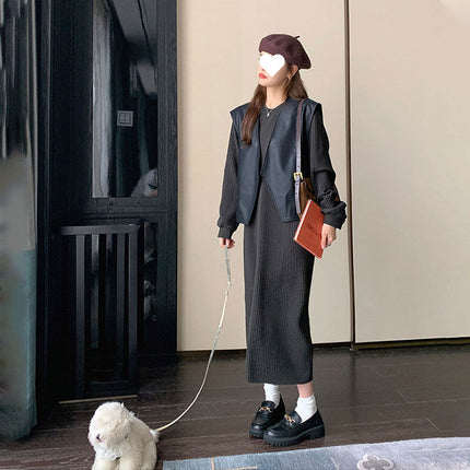 Knitted dress Women's Two-Piece Set Spring and Autumn 2024 New French Style Style Leather Vest Long Skirt suit