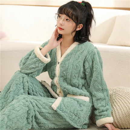 Autumn and Winter pajamas men's thickened fleece-lined warm coral fleece cartoon junior high school student home wear suit