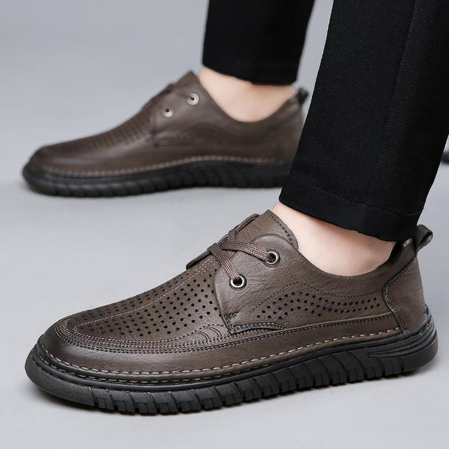 2023 Summer Men's Lace-Up Soft Leather Casual Shoes Hollow Cross-Border Rubber Sole Croc Shoes Baota Breathable Leather Sandals