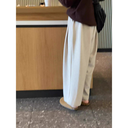 Oatmeal Color Brushed Casual Wide-Leg Pants for Women, Autumn and Winter Drapey Towel Sweatpants, Loose Bf Lazy Glutinous Rice Long Pants for Spring