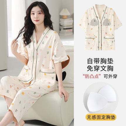 Pajamas Women's Summer Short-sleeved Knitted Cotton Wear-free Bra with Chest Pad Can be Wearing Outer-wear Anti-sudden Sleeping Beauty-making Home Wear Casual Wear