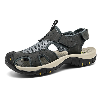 Summer Hole-In-The-Wall Men's Sandals Genuine Leather Thick-Soled Toe-Cap Men's Shoes Non-Slip Hollow Breathable Outdoor Casual Beach Sandals for Men