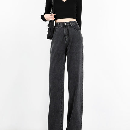 Smoke Gray Wide-Leg Jeans for Women 2024 Autum New Popular High-Waist Draped Straight-Leg Loose Floor-Length Pants