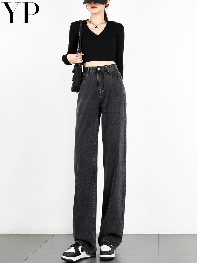Smoke Gray Wide-Leg Jeans for Women 2024 Autum New Popular High-Waist Draped Straight-Leg Loose Floor-Length Pants
