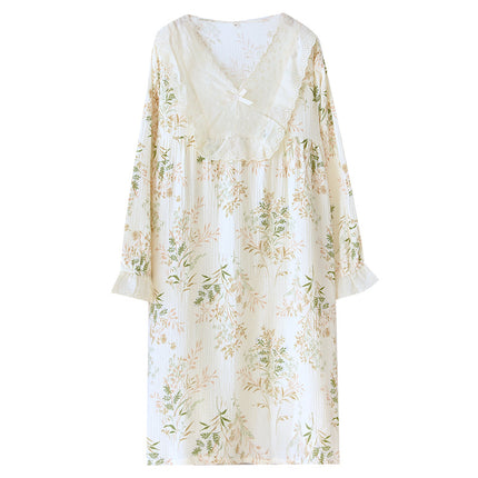 Lace V-neck Princess Style Pullover Long-sleeved Pure Cotton Pajamas Women's Spring and Summer Thin Crepe Cotton Floral Dress for Outer Wear