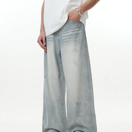 11Kn American Light Blue Straight Jeans for Men and Women, Simple Slimming Look Knife-Cut Destroyed Loose Wide-Leg Casual Pants