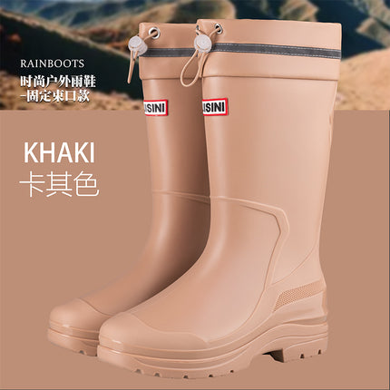 Women's High-Top Rain Boots for Beach Camping, Waterproof, Non-Slip, Korean Style, Sweet Thick-Soled Fashion Water Shoes with Drawstring Closure
