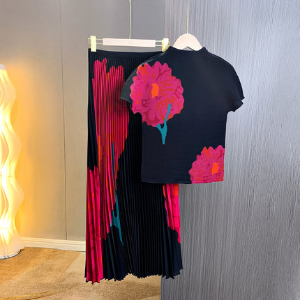 New Miyake Stylish High-end Skirt Set Women's Series Floral Pleated Top Pleated Skirt Long Two-piece Set