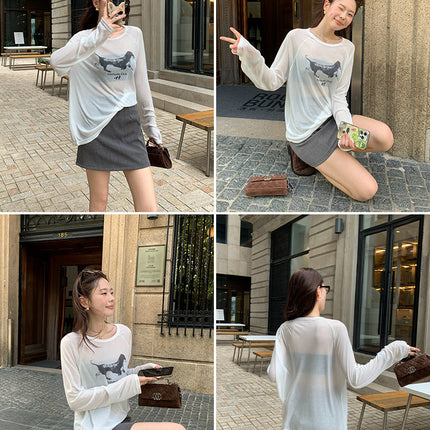 Lyocell Lazy Style Retro Dog Print Sun-Protective Long-Sleeve T-Shirt Summer Loose Versatile Top Blouse Versatile Top