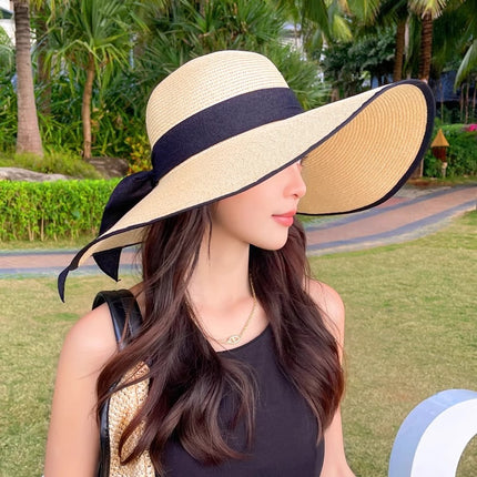 Cross-Border Women's Oversized Brim Woven Straw Hat Casual Face-Covering Sun Hat Simple Ribbon Sun Protection Uv Protection Sunshade