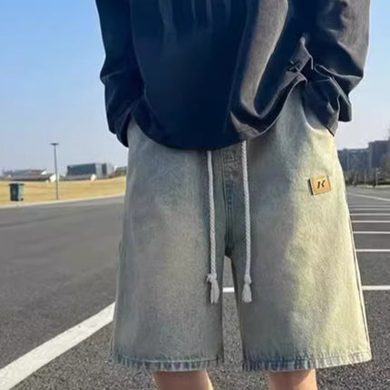 2024 Washed light blue Denim Shorts Men's Loose Casual Trendy Pants High Street Pants for Men