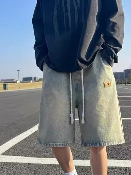 2024 Washed light blue Denim Shorts Men's Loose Casual Trendy Pants High Street Pants for Men
