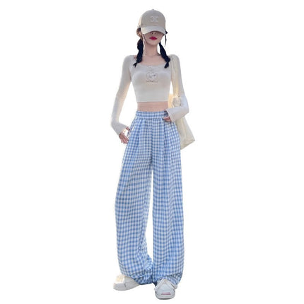 Blue Plaid Pants for Women, Summer Thin Style 2025 New High-Waisted Drape Casual Yamamoto Pants, Straight-Leg Casual Wide-Leg Pants