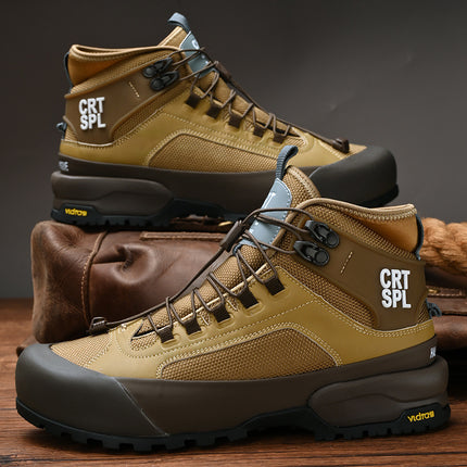 New Men's Stretch Knitted Fabric Leather Lace-Up Sneakers Versatile Thick-Soled Casual Shoes Running Shoes Hiking Shoes