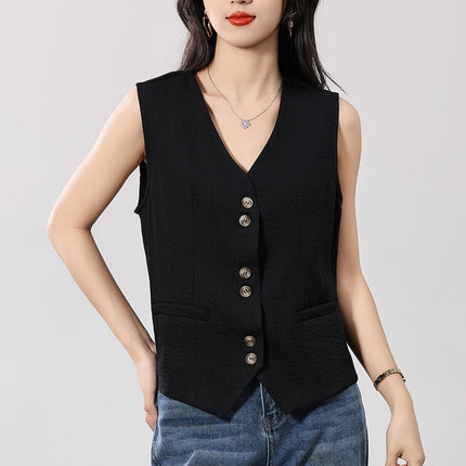 Linen V Neck Vest Cardigan for Women 2025 Summer New Pure Color Sleeveless with Pockets Layered Loose Waistcoat Top