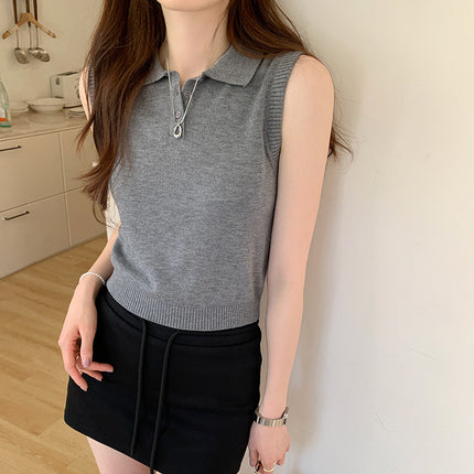 European Unique and Unique Design Sleeveless Slim Knitted Knitwear for Women 2025 Summer New Style Lapel Top