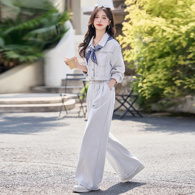 Super Fire Denim suit Women's 2025 Spring New Fashion Western Style Set of Small Wide Leg Pants Two-piece Set